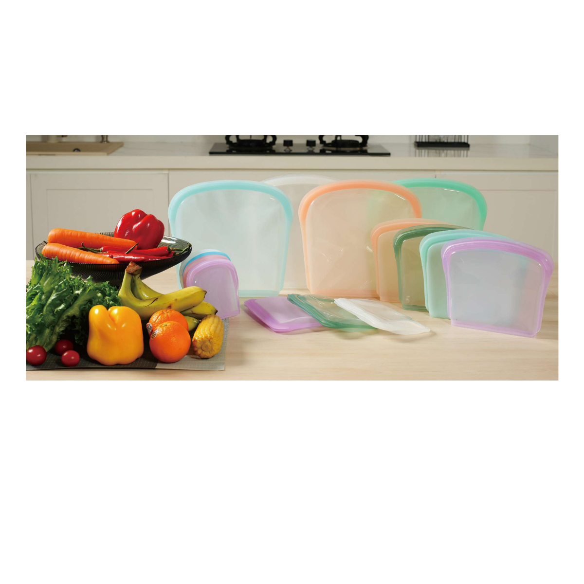 Reusable silicone storage bags in multiple sizes for food storage