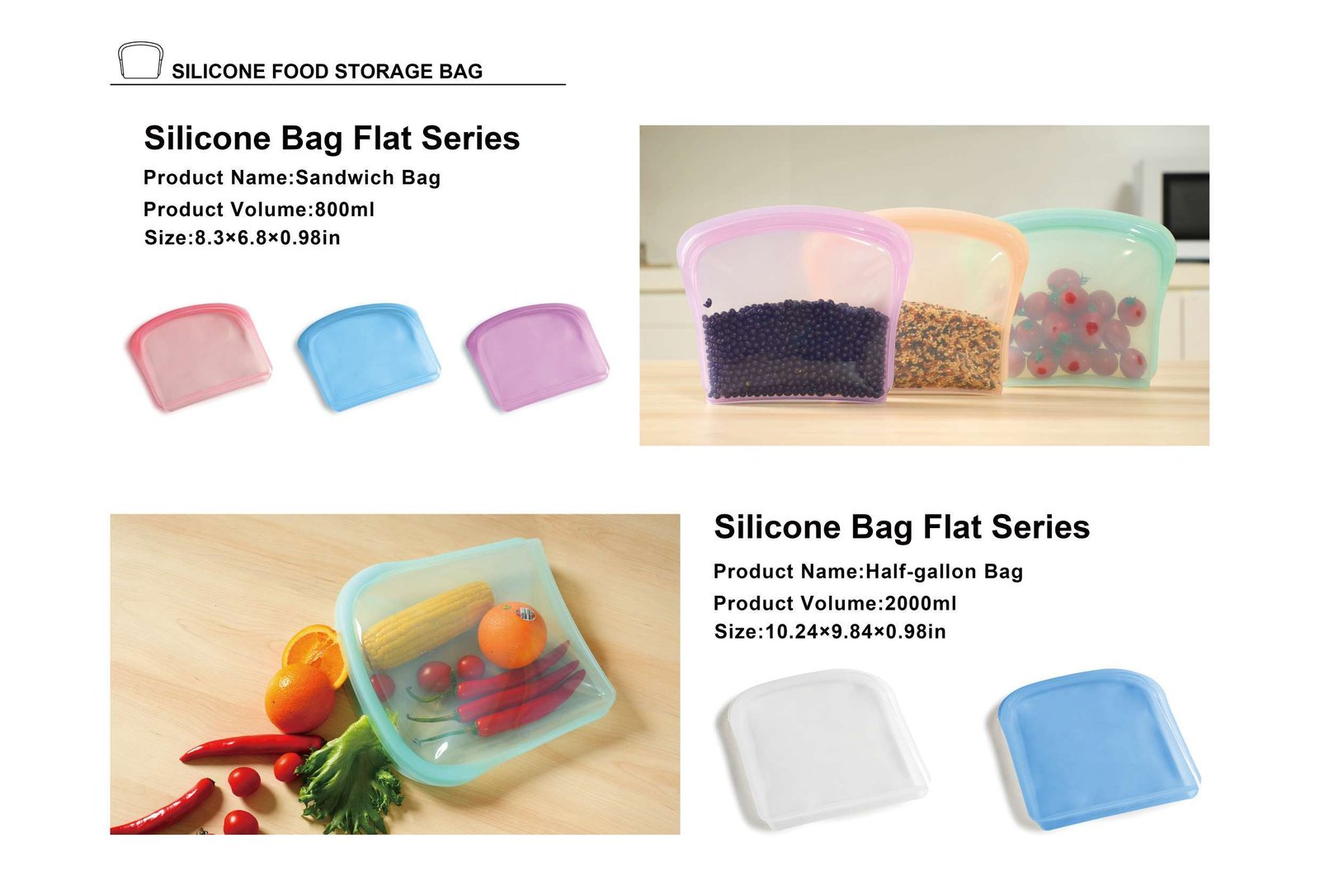 Flat silicone bag sandwich and half gallon size options