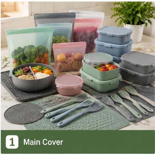 Lucid Home mixed silicone product sets including storage bags, lunch boxes, mats, food covers, and kitchen accessories
