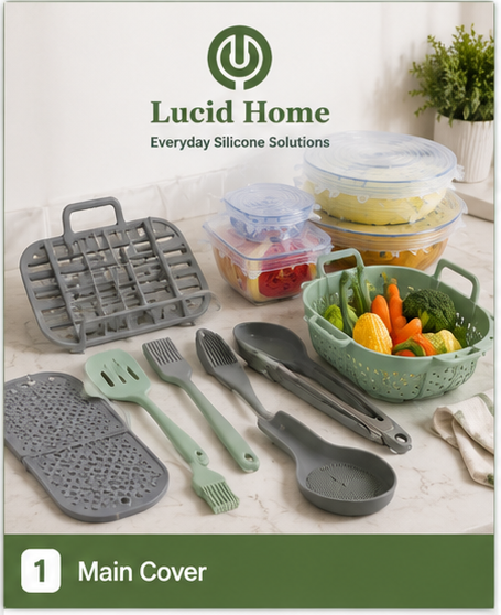 Lucid Home other silicone kitchen items including stretch lids, roasting rack, kitchen accessories, food covers, and mixed utility items