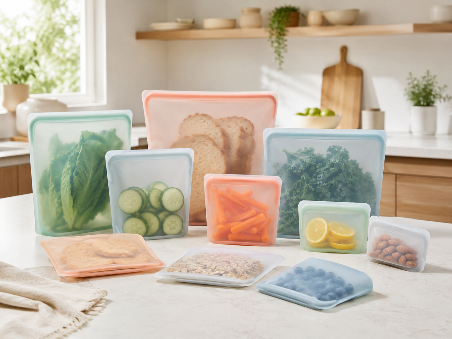 Lucid Home reusable silicone food storage bags in multiple sizes for kitchen storage and meal prep