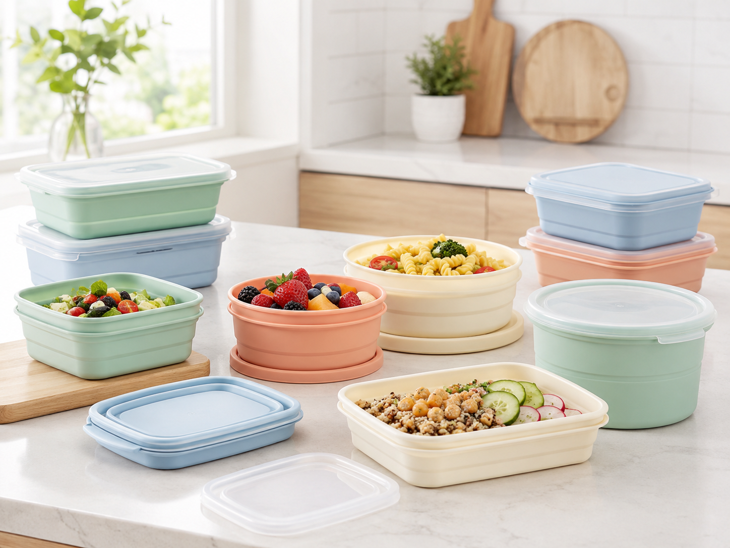 Lucid Home collapsible silicone lunch boxes and food containers in multiple sizes for meal prep and daily food storage