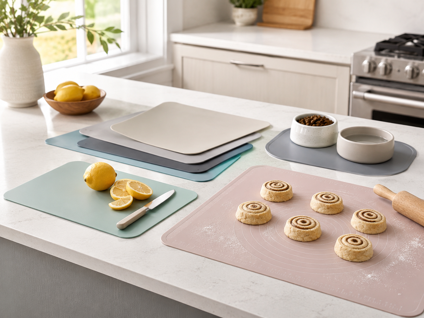 Lucid Home silicone mats for kitchen prep, baking, dining, pet feeding, and everyday surface protection