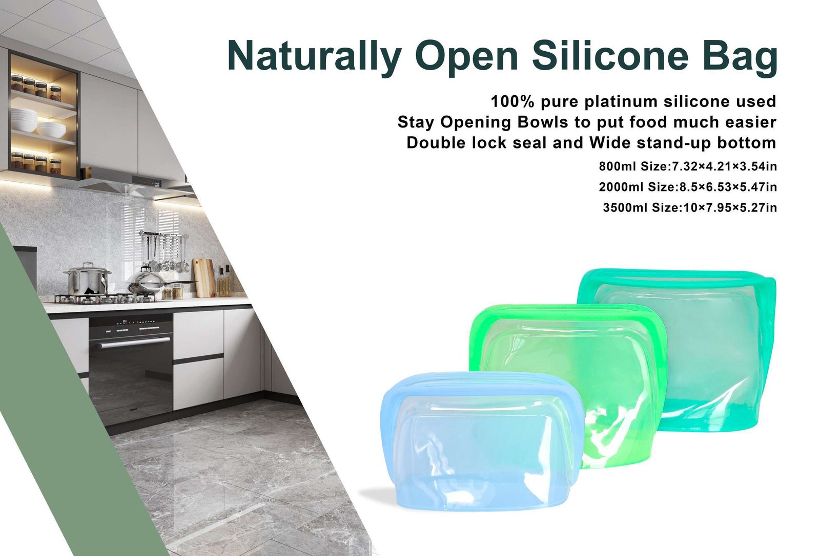 Naturally open silicone bag product size options
